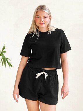 PROVINCE OF CANADA Monday Black Cotton Jersey Cropped Crew Neck T-Shirt, Size S